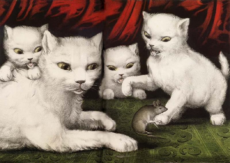 Currier and Ives Three little white kitties Norge oil painting art